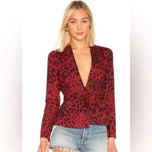 Revolve Superdown Desiray Leopard Print Red Wrap satin blazer Top
